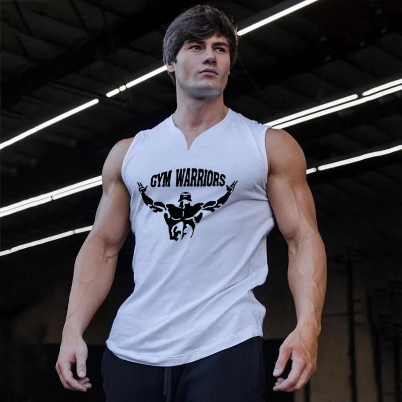 Cotton Summer Mens New Sleeveless Running T-Shirts V Neck Gym Bodybuilding Muscle Tank Tops Training Fitness Athletic Sportswear