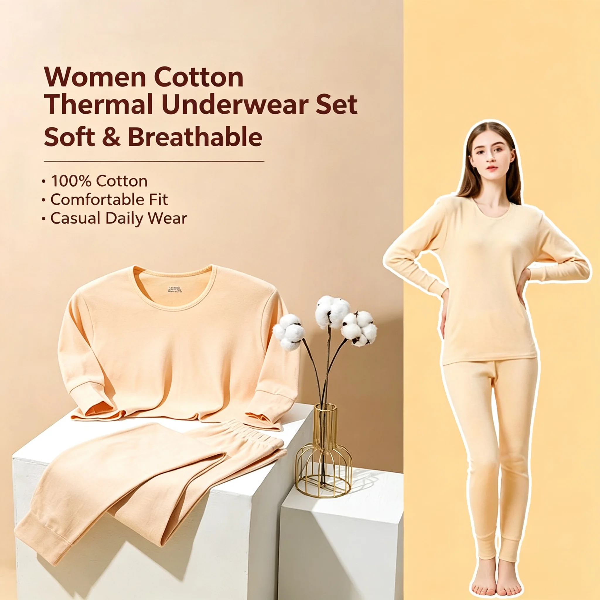2PCS New Women's Winter Thermal Underwear Pure Cotton Set Fall Clothing and Pants Thermal Underwear Wome Large Size Solid Colour