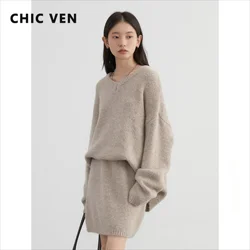 CHIC VEN Fashion Women Skirt Set Pullover Loose New Mini V-neck Solid Sweater Straight Leg Skirts Spring Autumn 2024