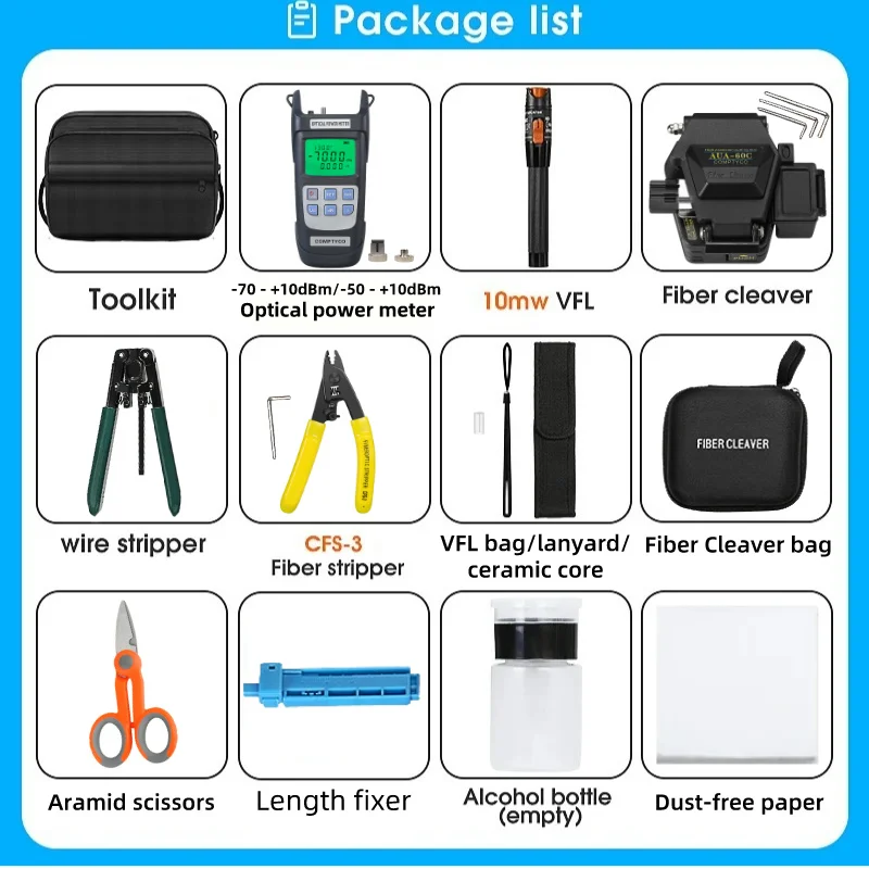 FTTH Fiber Optic Tool Kit With AUA60C Fiber Cleaver 10mw Visual Fault Locator Fiber Stripper Aramid Scissors Optical Power Meter