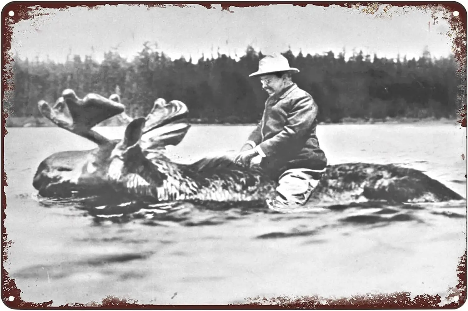 Vintage Metal Signs Teddy Theodore Roosevelt Riding A Moose Poster American History Tin Sign Wall Art Decor Plaque for Home Bar