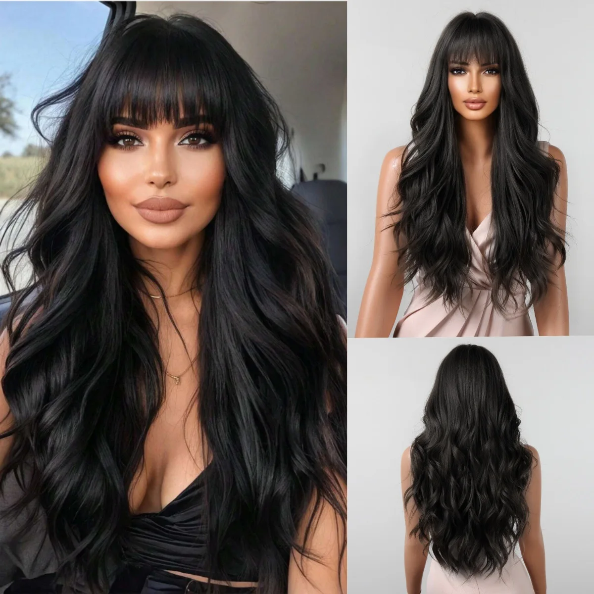 

Wig female long hair natural simulation Qi bangs big waves red brown full head cover type European and American style fashion