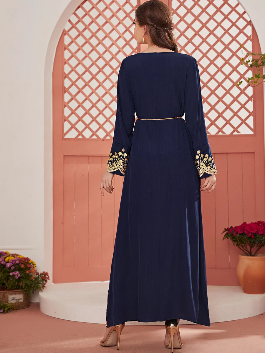 Autumn Morocco Muslim Dress Women Lace-up Abaya Kaftans Lace A-line Dresses Woman Dubai Turkey Islam Long Robe Femme Vestidos