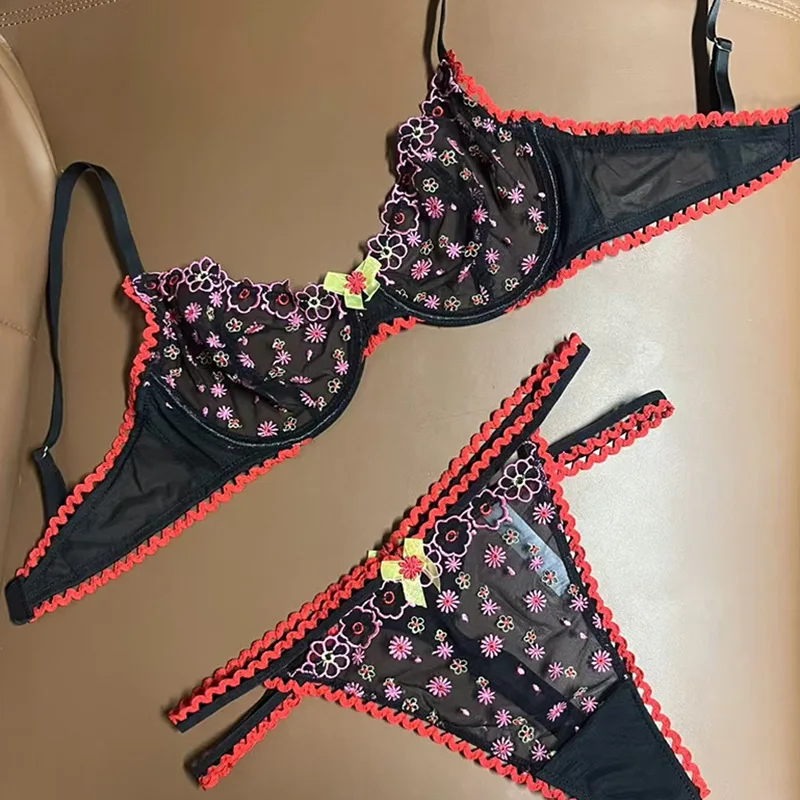

Женский сексуальный тонкий бюстгальтер, прозрачное нижнее белье, стринги с цветочной вышивкой, комплект нижнего белья, комплект с бюстгальтером и трусиками