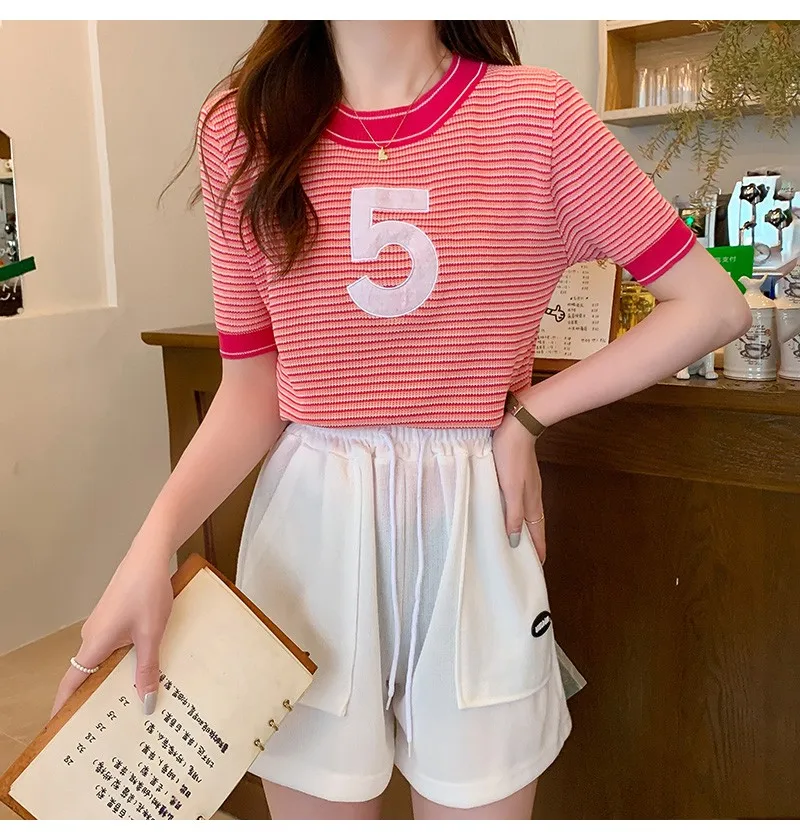 2023 Summer Striped Knitted Sweater Tshirt Women Short Sleeve O-neck Pullover Tops Vintage Fashion Chic Ladies Jumpers Tees