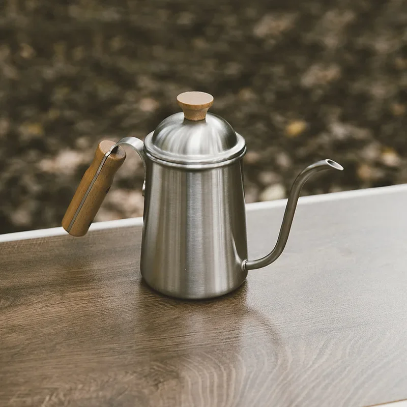 Camping Outdoor Portable Tableware Stainless Steel Long Billed Coffee Pot Anti Scalding Wood Handle Teapot Picnic Kettle Gadget