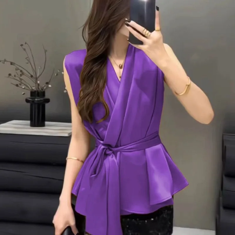 

New Summer Slim Sleeveless Shirt Women Fashion V-neck Cross Lace Up Solid Color Thin Temperament Elegant Office Lady Top