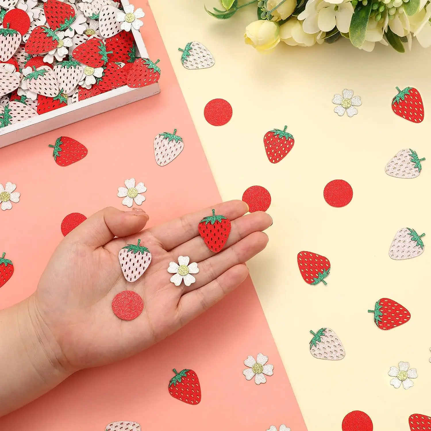 Strawberry and Daisy Party Decorations, Confetti for Strawberry Theme, Birthday Party, Table Scatter