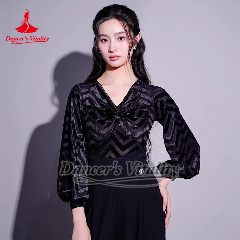 

Женские черные бархатные винтажные модные тренировочные топы для латинских бальных танцев, румба, вальс, фокстрот, одинаковый наряд для профессиональной практики