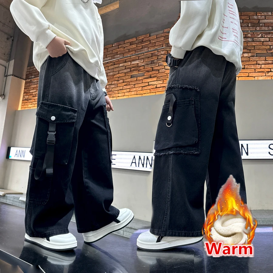 

Kids Children Winter Warm Gradient Black Jeans Cargo Pants with Pocket for Teenage Boy Heavy Work Insulated Denim Trousers 5-14Y