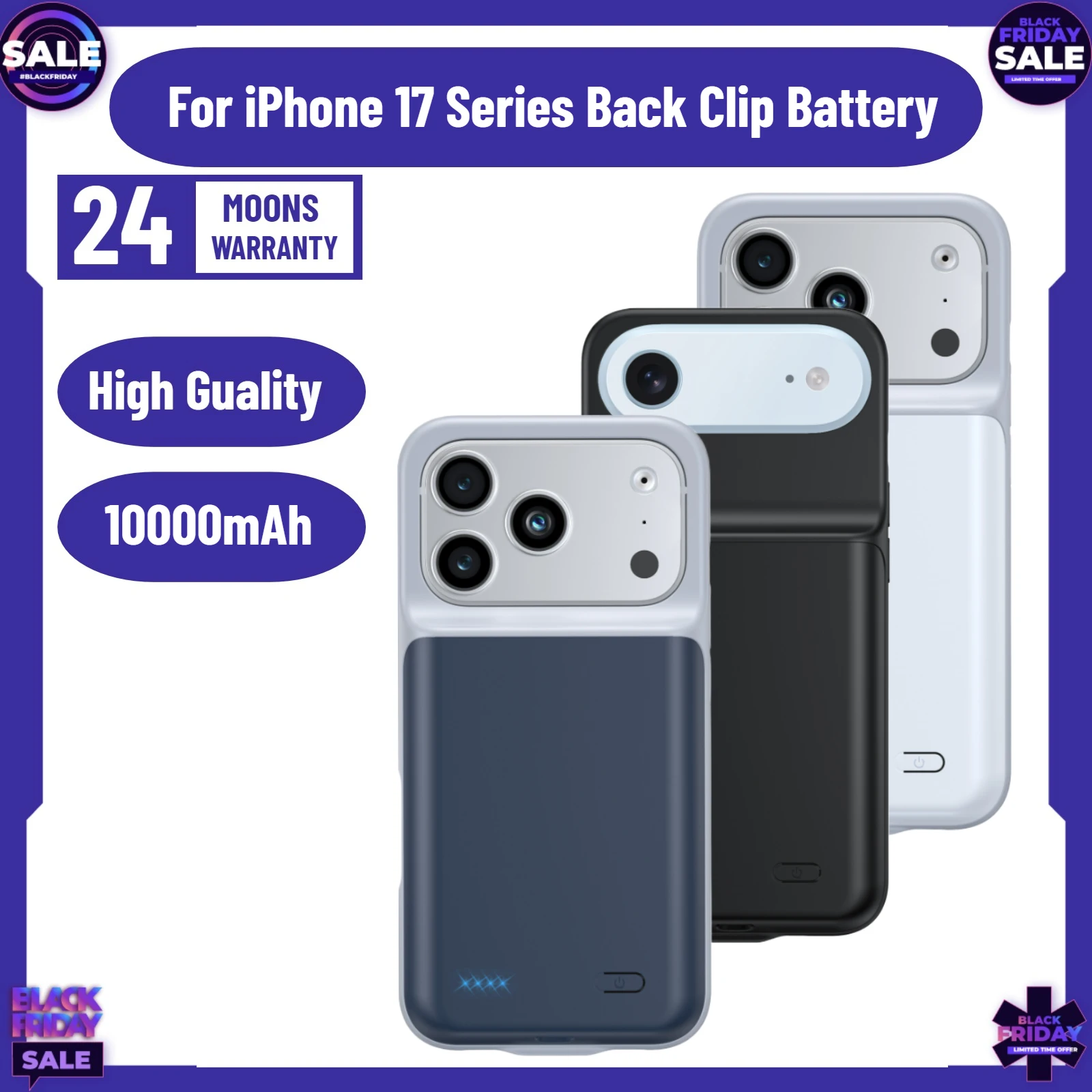 

10000mAh Battery Charger Case for IPhone 17 Pro Max Power Bank External Charging Cover Smart Wireless