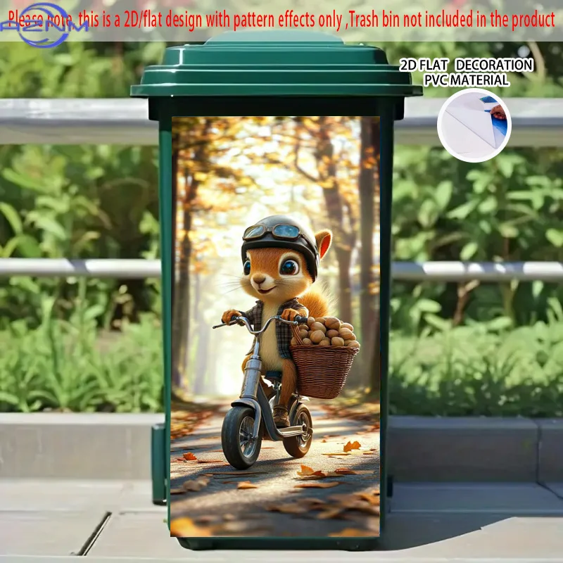 Squirrel on Bicycle Pattern Self-Adhesive Dustbin Stickers, PVC Trash Can Decorative Stickers, Wheelie Bin Stickers,  Perfect