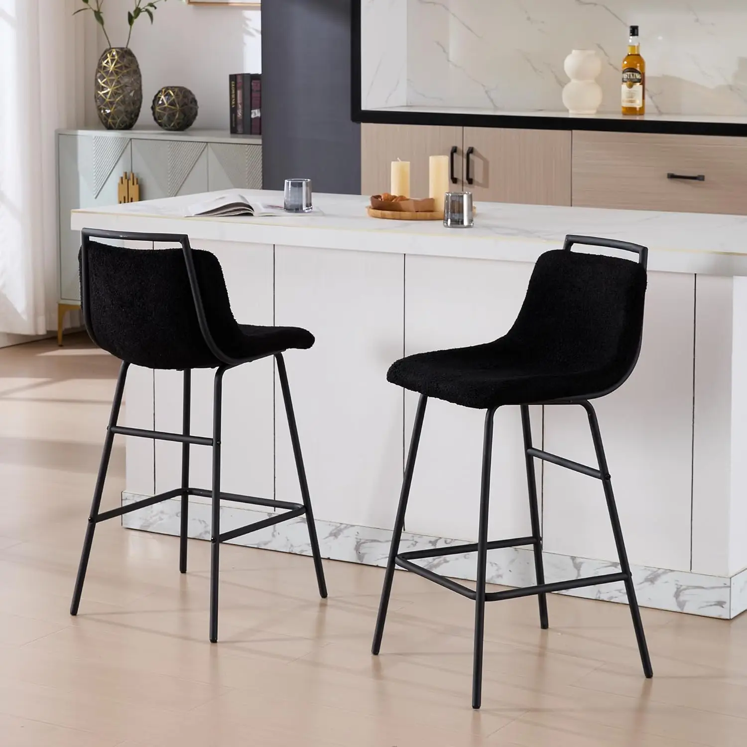 

Counter Height Bar Stools Set Of 2, 27"" Boucle Bar Chairs With Ba & Built-In Footrest, Upholstered Metal Kitchen Island Sherpa