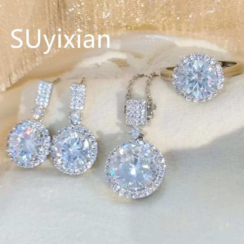 925 Sterling Silver Fashion Temperament Princess Round Bag Earrings Ring Pendant Necklace Set Birthday Party Anniversary Gift