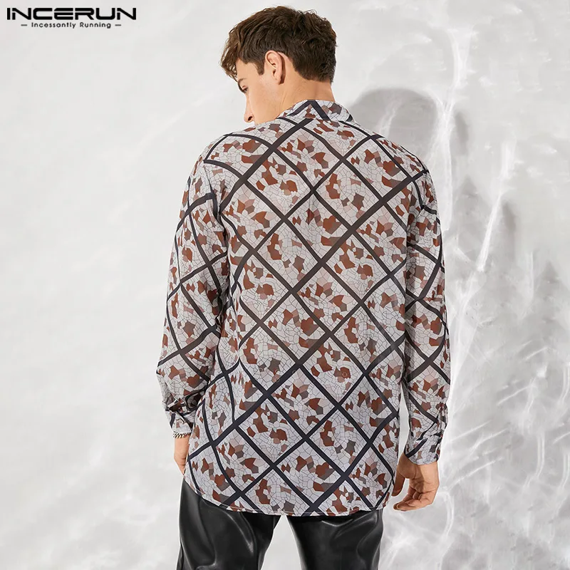 Men Printing Shirt Mesh Transparent Stand Collar 2024 Long Sleeve Streetwear Men Clothing Fashion Casual Camisas S-5XL INCERUN