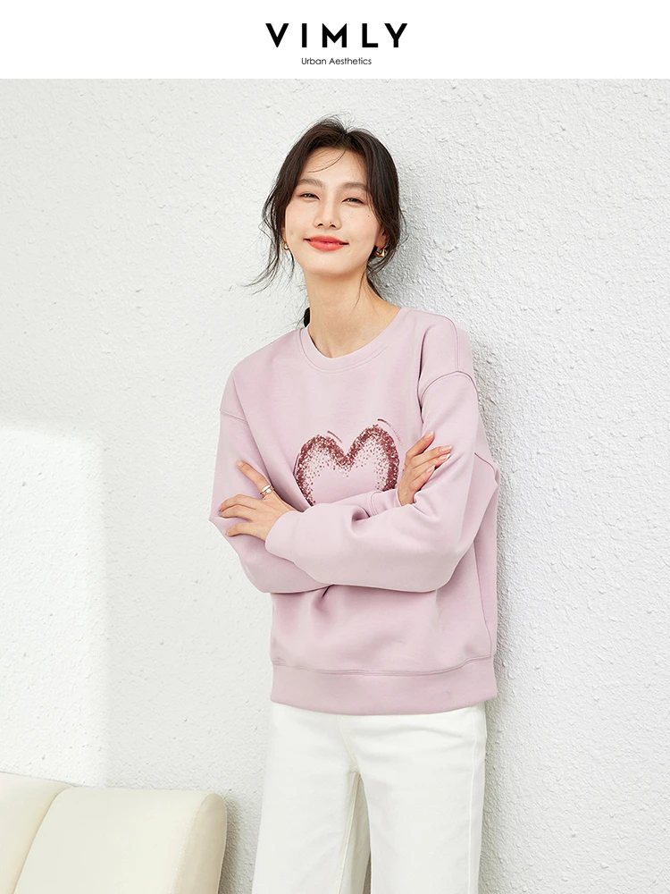 Vimly Heart Sequins Embroidery Pink Sweatshirt Long Sleeve Top for Women 2024 Spring New Casual Sports O-neck Pullovers M5883