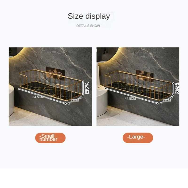 1 مجموعة رف الحمام الفاخر دون الحفر رف جدار الحديد مع لوحة زجاجية نمط الرخام مخزن للمكياج الرف الحديد L