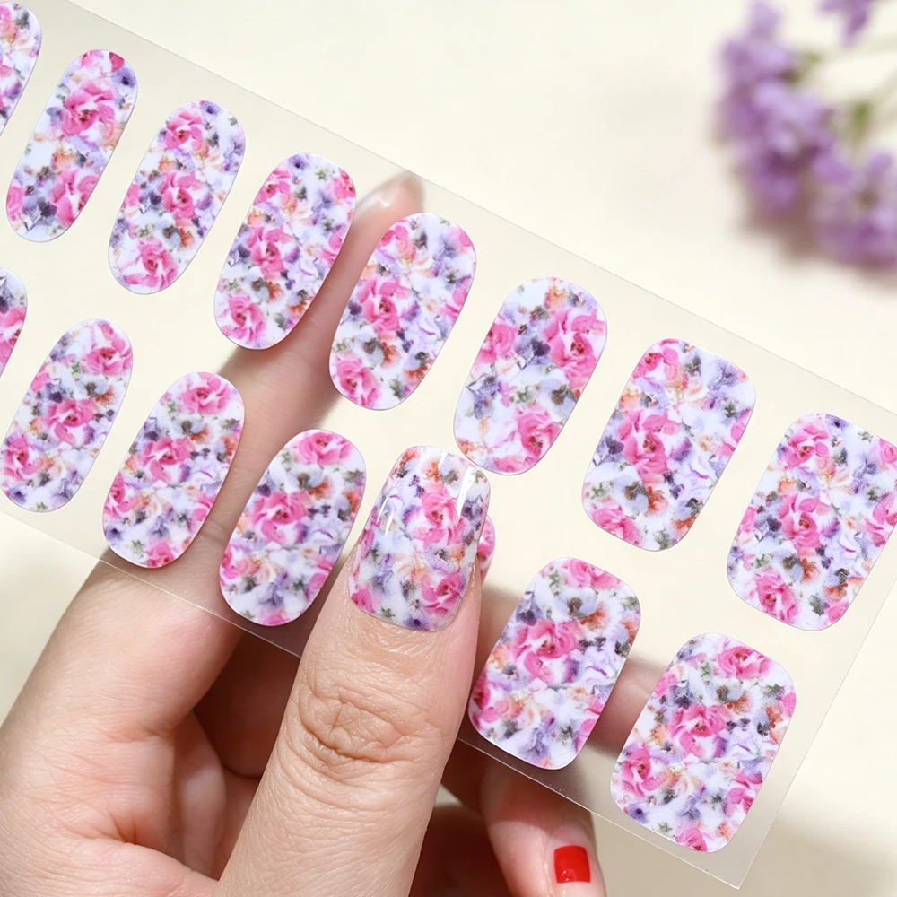 16Tips Free-Baking Spring Pink Rose Flowers Nail Stickers Black Relief Pink Flower Nail Decal Full Cover Flower Manicure Slider