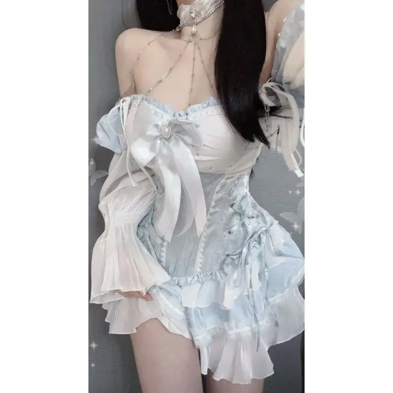 

2 Piece Dress Set Women Kawaii Lolita Y2k Mini Dress + Vest Belt Fashion Vintage Suits Chic Casual Japanese Style 2024 Autumn
