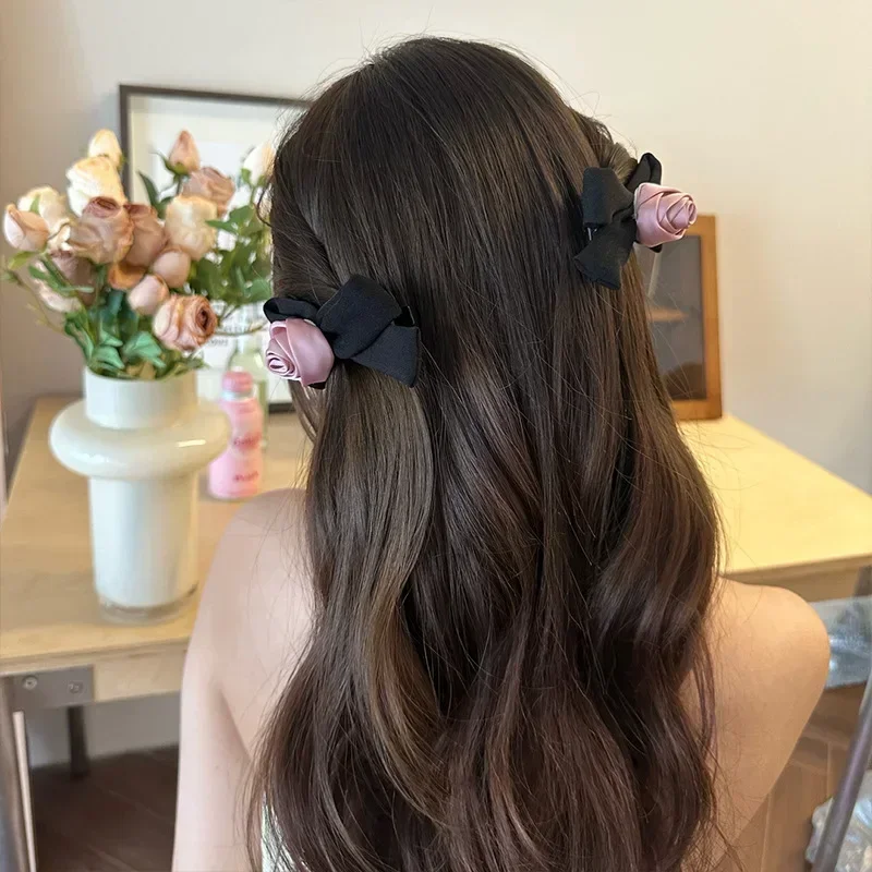 Pink Rose Bow Hair Clips For Girls Women Black Elastic Head Bands Student Braided Headrope Kids Hairpin Fashion Hair Accessories