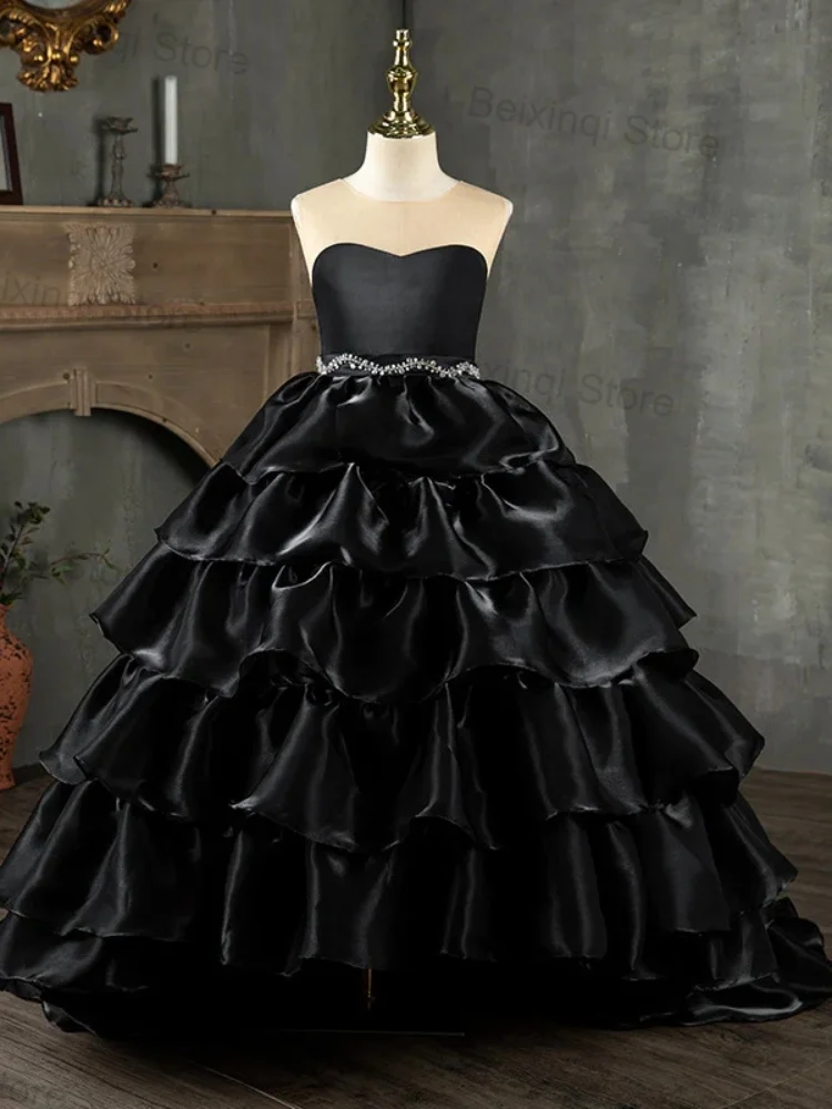 

Girl Dresses Black Satin multilayer hemline Crystal Pearls Sashes New Product Evening Dress Luxury Elegant Princess Ball Gown