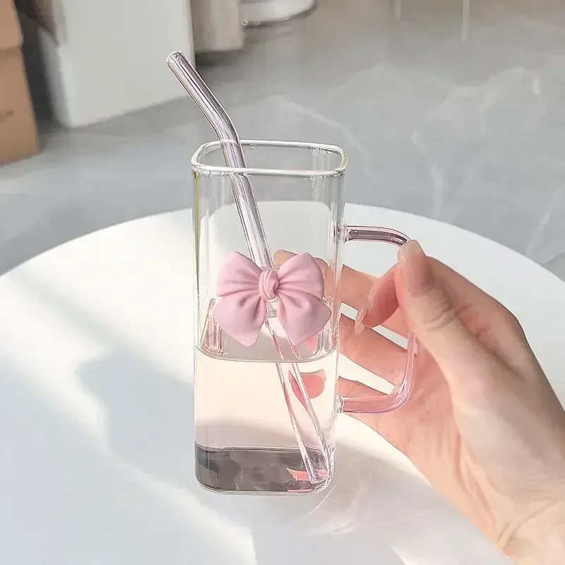 

350ml Square Mug with Lid & Straw, Bow Design Water Cup, Pink Handle Coffee Cup for Women, Household Gift Idea