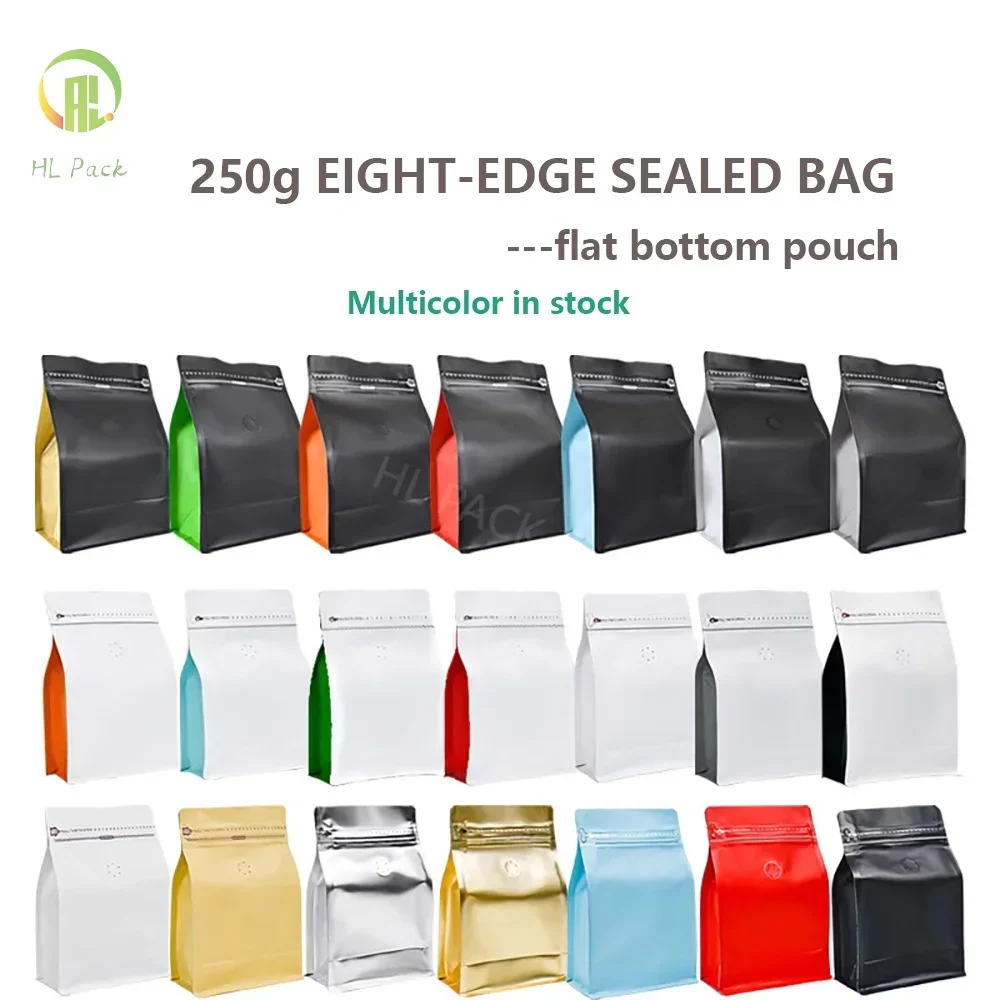 50 adet 250g Fabrika Fiyat Mat Siyah Blok Alt Kilitli Plastik Ambalaj Kahve Torbaları Siyah Kahve Çekirdekleri Kese Özelleştirilmiş LOGO