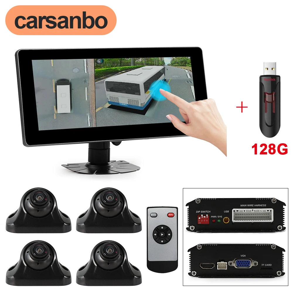 

Carsanbo 3D 360 Panoramic Car Camera System Rear+Front+Side SONY 225 Chip AHD1080P and 10.25 Inch LCD Display Touch Monitor 128G