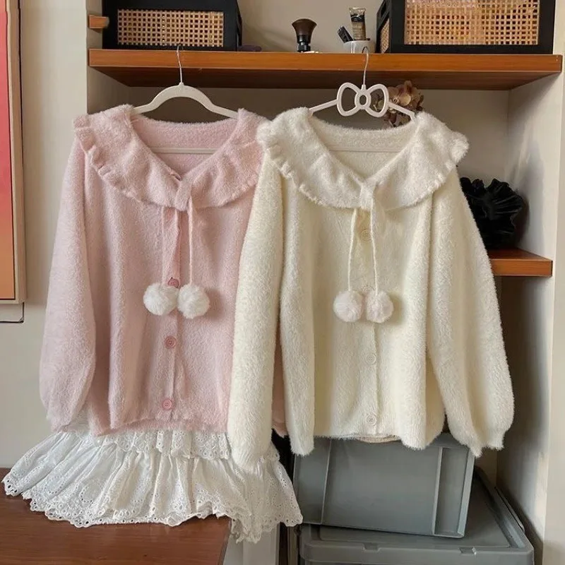 

Autumn Winter Japanese Kawaii Lolita Style Knitted Cardigan Women Sweet Peter Pan Collar Ruffles Loose Sweaters Y2k Knitwear Top