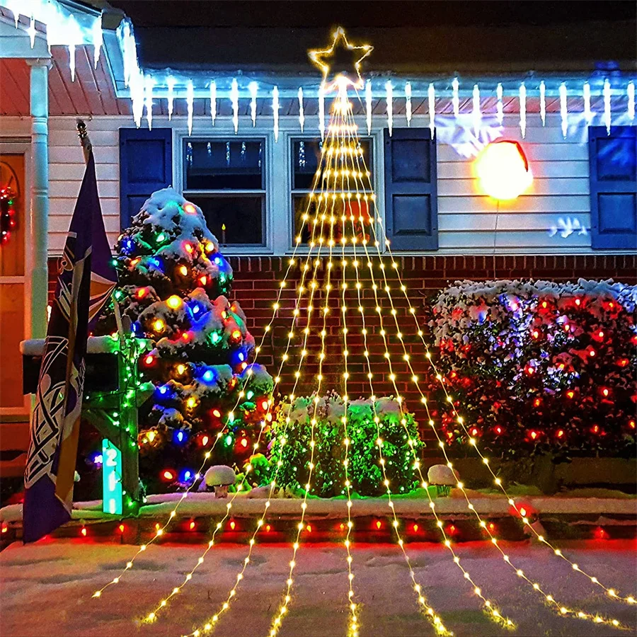 LED Christmas Tree Waterfall Lamp 9*2M Outdoor Topper Star Garden Garland Lights 8 Modes Icicle Fairy Lights for New Year Decor