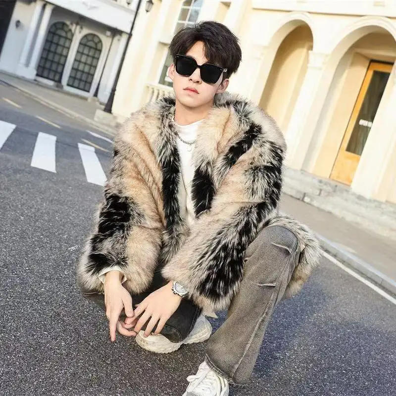 Trendy men's high-end feeling, thick and warm, environmentally friendly artificial fur fur coat, large size loose faux fur coat