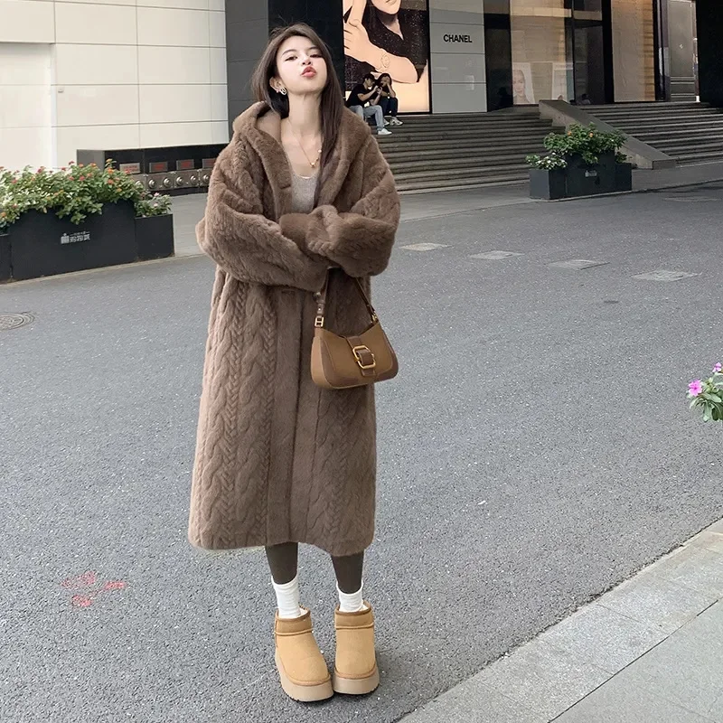 2024 Winter New Thick Women's Long Imitation Mink Plush Cardigan With Integrated Fur Eco-Friendly Imitation Fur Coat Solid Color