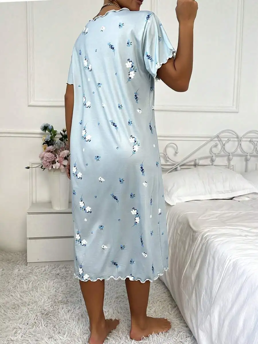 

Floral Print Short Sleeve Nightgown Babydoll Style For Women Summer