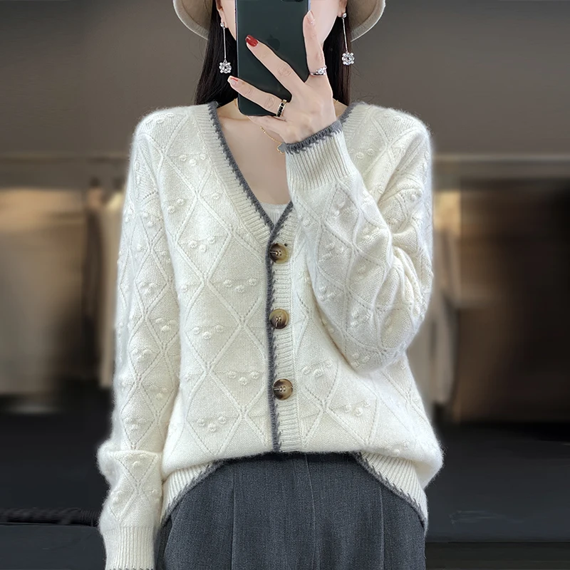 BELIARST Spring and Autumn New 100% Wool Cardigan Women\'s V-neck Jacquard Coat Casual Contrast Knitted Top Thickened Versatile