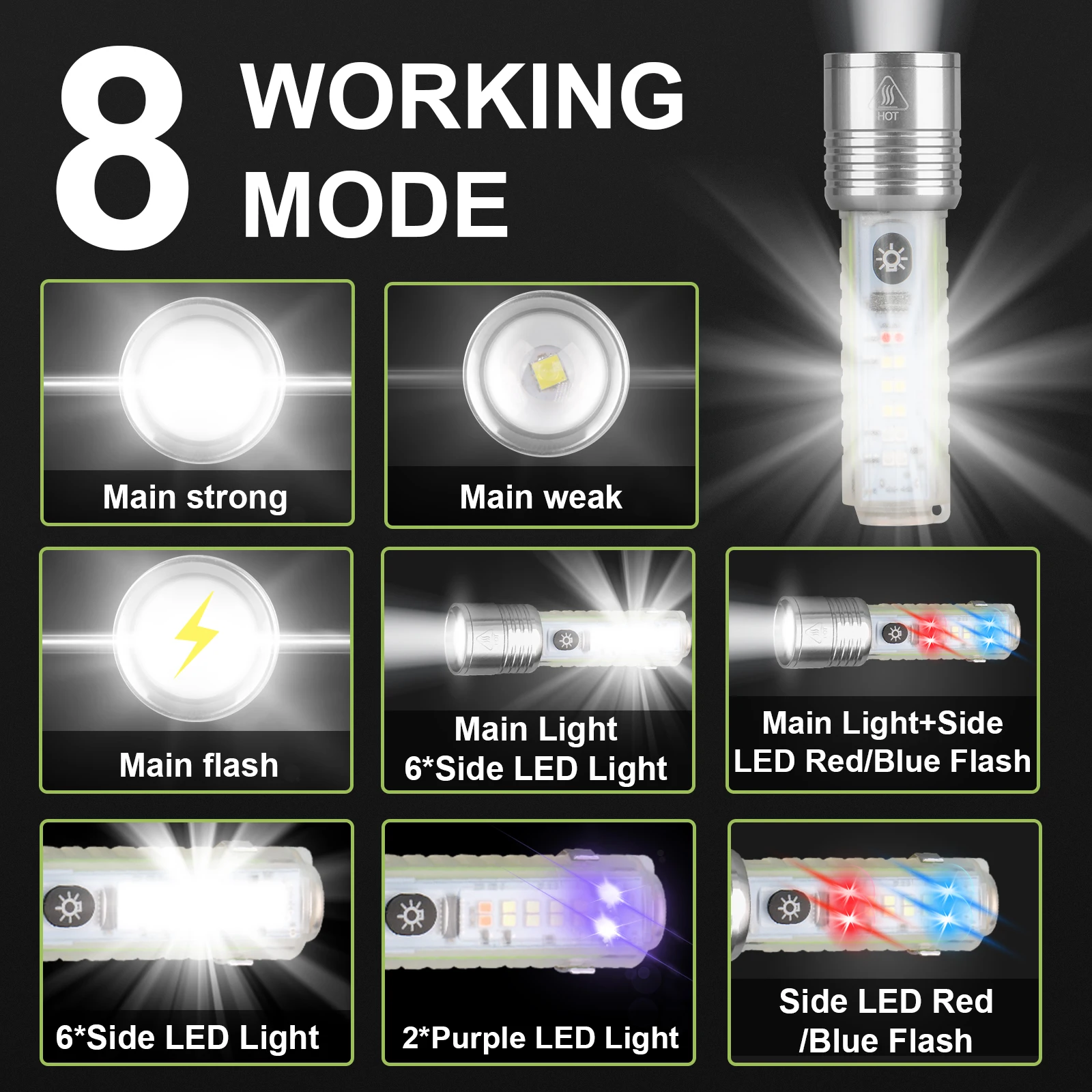 Flashlight USB Rechargeable, Magnetic Bright White Laser LED Zoomable Torch Light with UV Warning Lights for Camping, Emergency