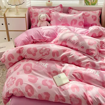 Korean pink leopard trint bedding set flat bed sheet pillowcase twin full queen size bed sheets girls INS duvet cover no filler