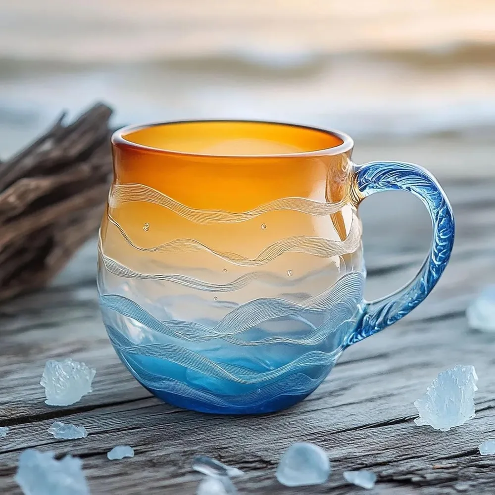

Sea Glass Sunset Mug, Handcrafted Ocean Theme Coffee Mug Cup with Textured Sea Wave Design, Unique Glassware for Tea