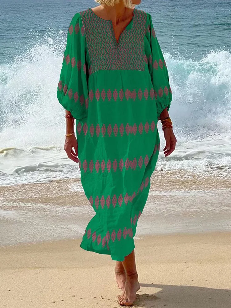 O Neck Beach Style Fashion Maxi Dress, Women Spring Summer Three Quarter Sleeve Party Dress, 2025 New Loose Printed Ladies Dress