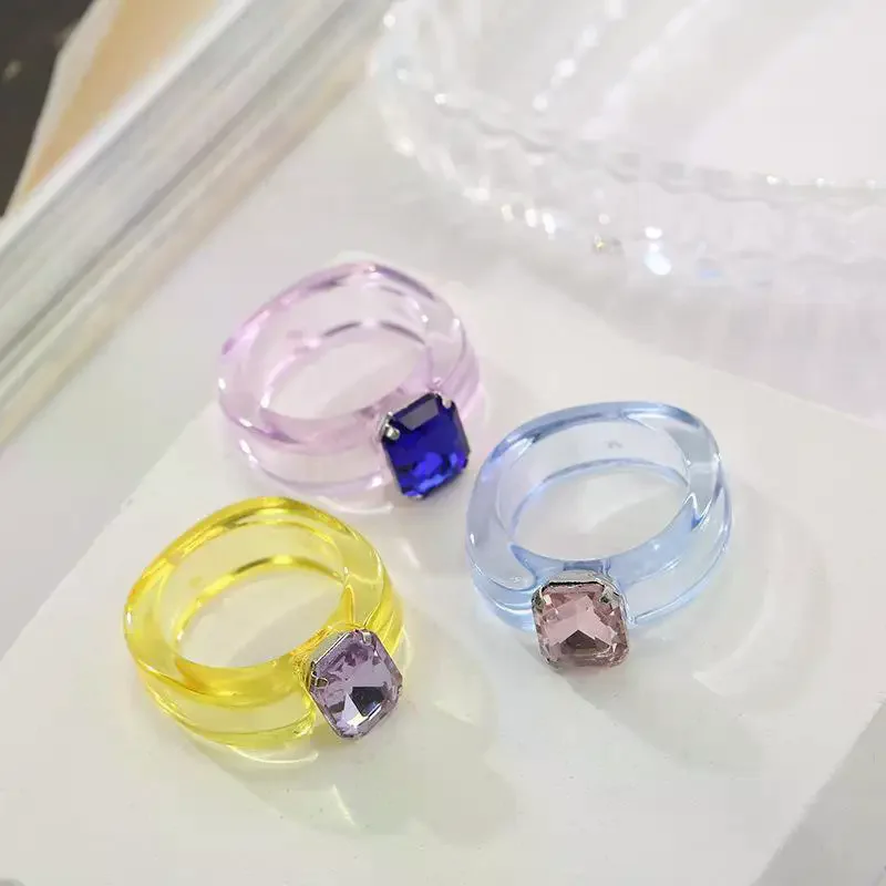 Transparent Resin Chunky Candy Color Rings Shiny Square Rhinestone Inlay Non-toxic Material Jewelry for Kids Girls Daily Wear