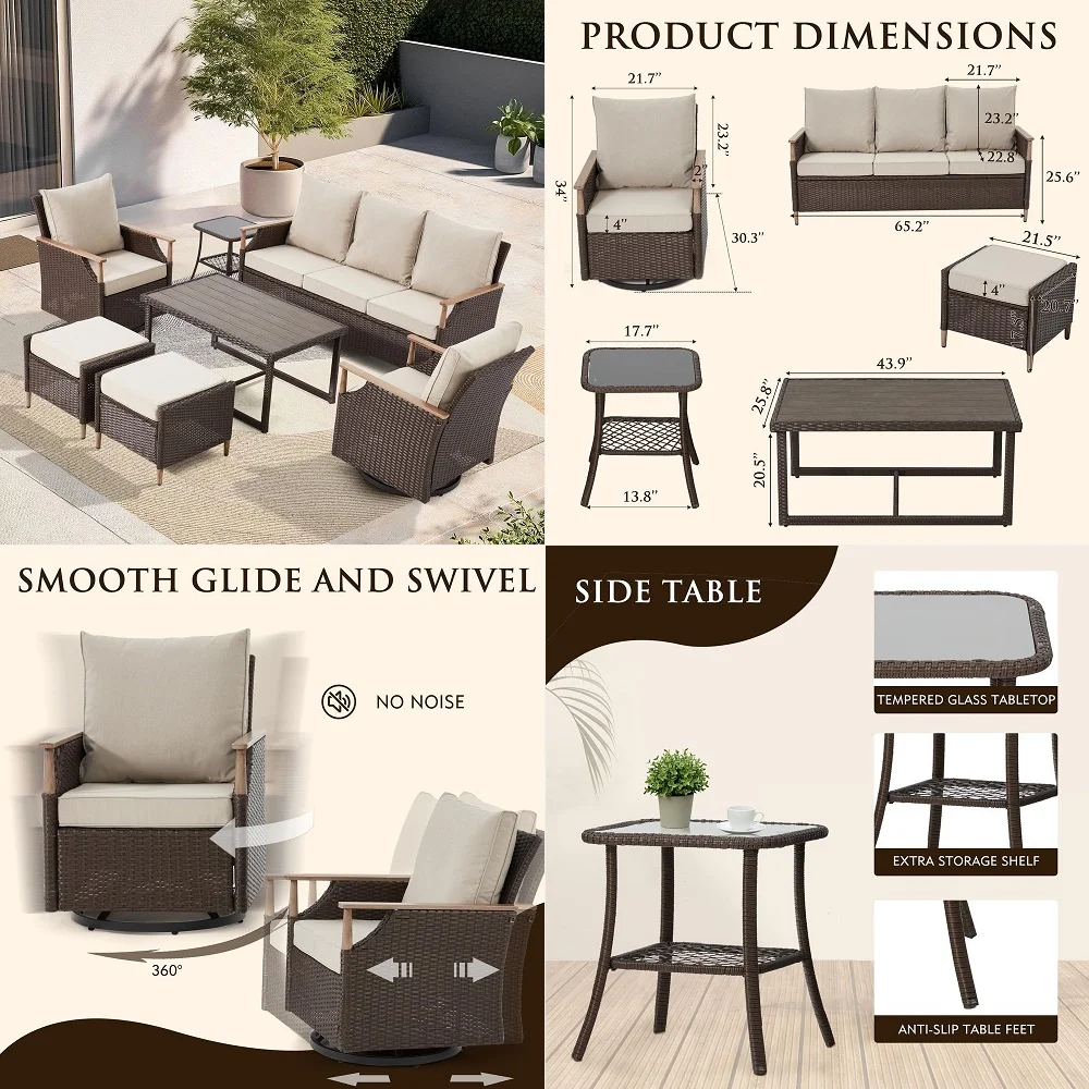 

7 Piece Patio Furniture Set Wicker Patio Conversation Set Rocking Bistro Set with 3 Seater Sofa, Coffee Table, Tempered Glass S