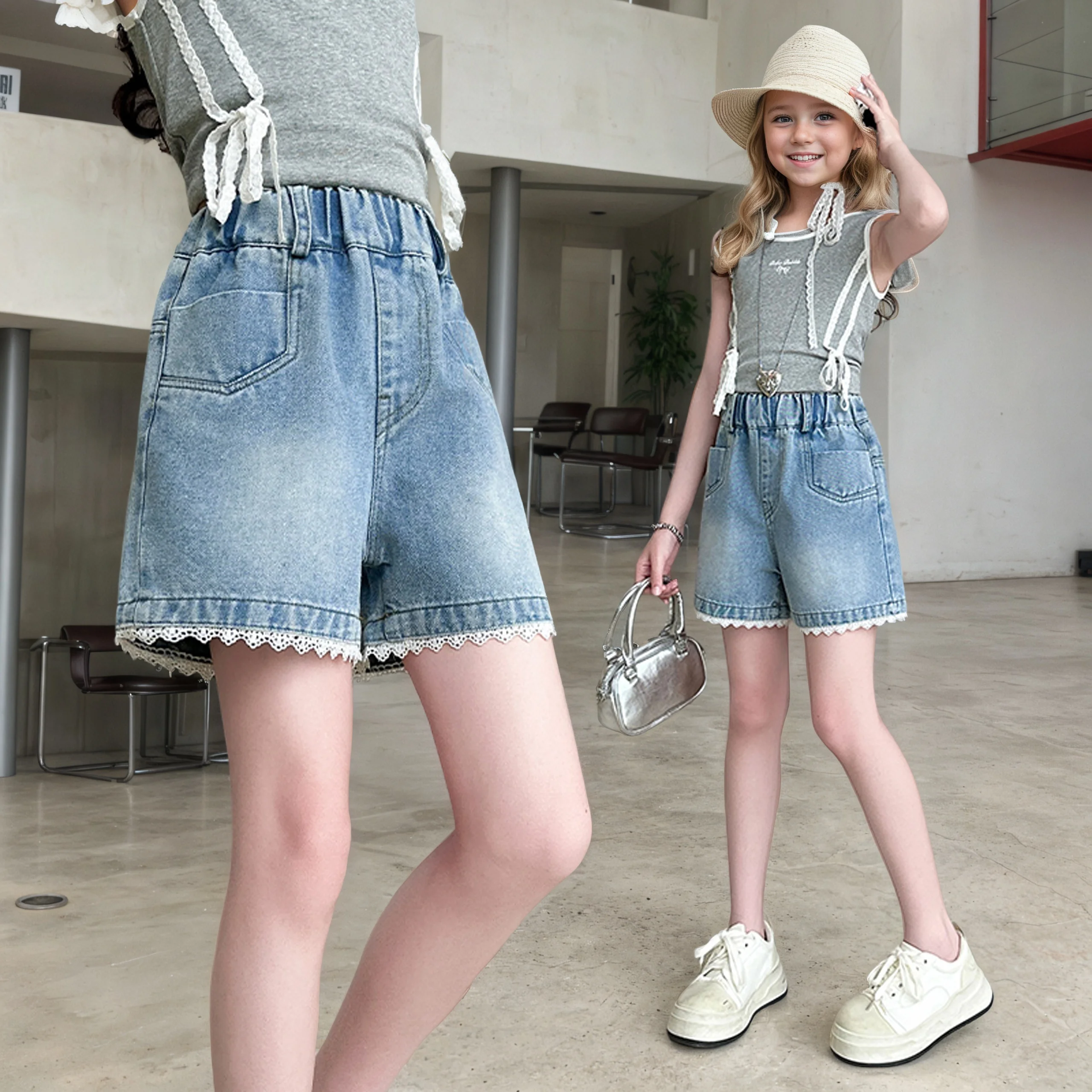 الفتيات الصيف الدانتيل السراويل الزخرفية رقيقة 2025 موضة جديدة الدنيم السراويل الساخنة السراويل الرياضية غير رسمية مناسبة ل 5-15 سنة