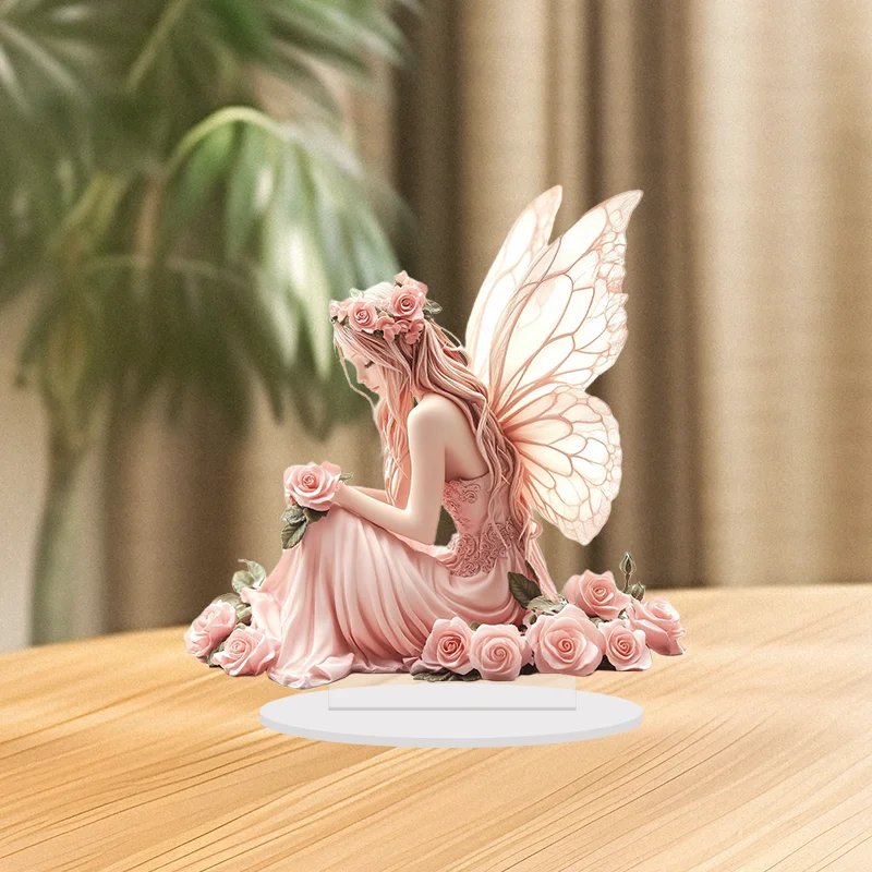 Elegant Rose Pink ButterflyWing Angel 2D Acrylic Figurine Multi-Functional Home Office Café Decoration Unique Wall Table Piece