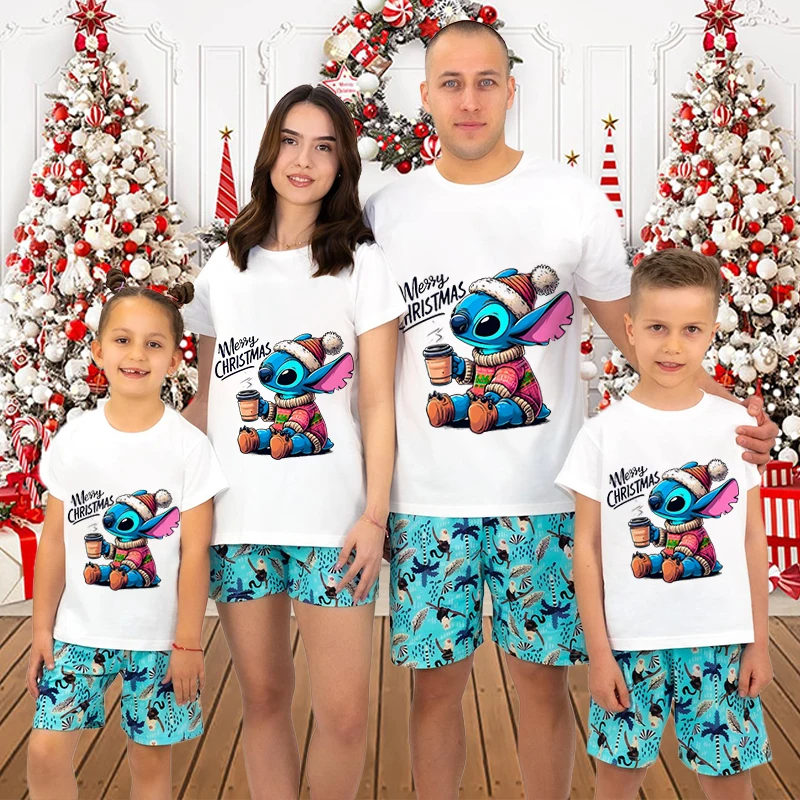 Merry Christmas stitch T-shirt Family Matching Outfits Dad and Mom kids holiday gift pure cotton short-sleeved white top