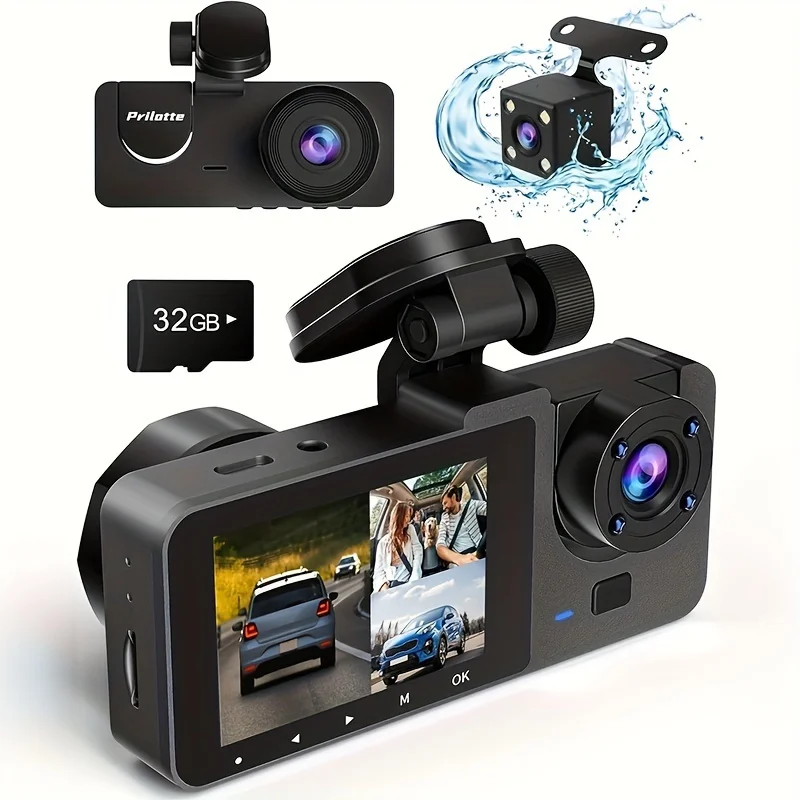 Cámara de salpicadero para automóviles, cámara de coche 4K Full UHD delantera trasera con tablero de tarjeta SD de 32 GB gratis con visión nocturna, modo de estacionamiento de 24 horas