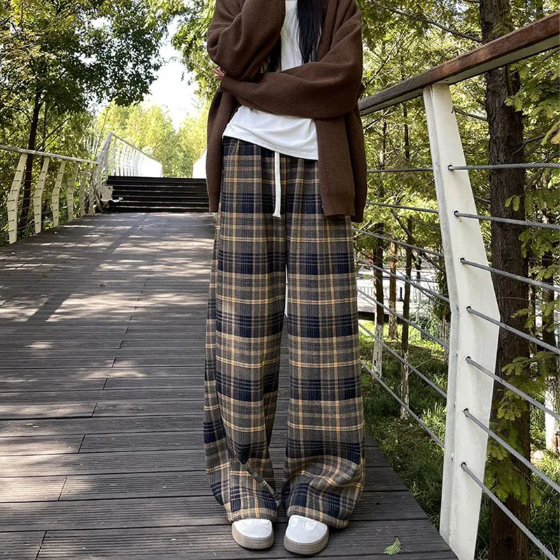 

Women Thin Baggy Casual Long Pants Female Chic High Waist Straight Leg Pants Girls Fashion Designer Plaid Trousers