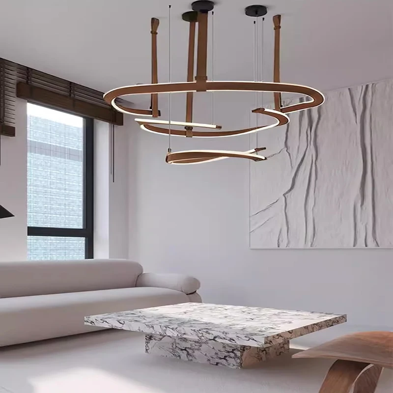 Brown Dark Leather Belt Dimmable LED Ceiling Chandelier Lighting Pendant Light Hanging Lamps Lustres For Dinning Room