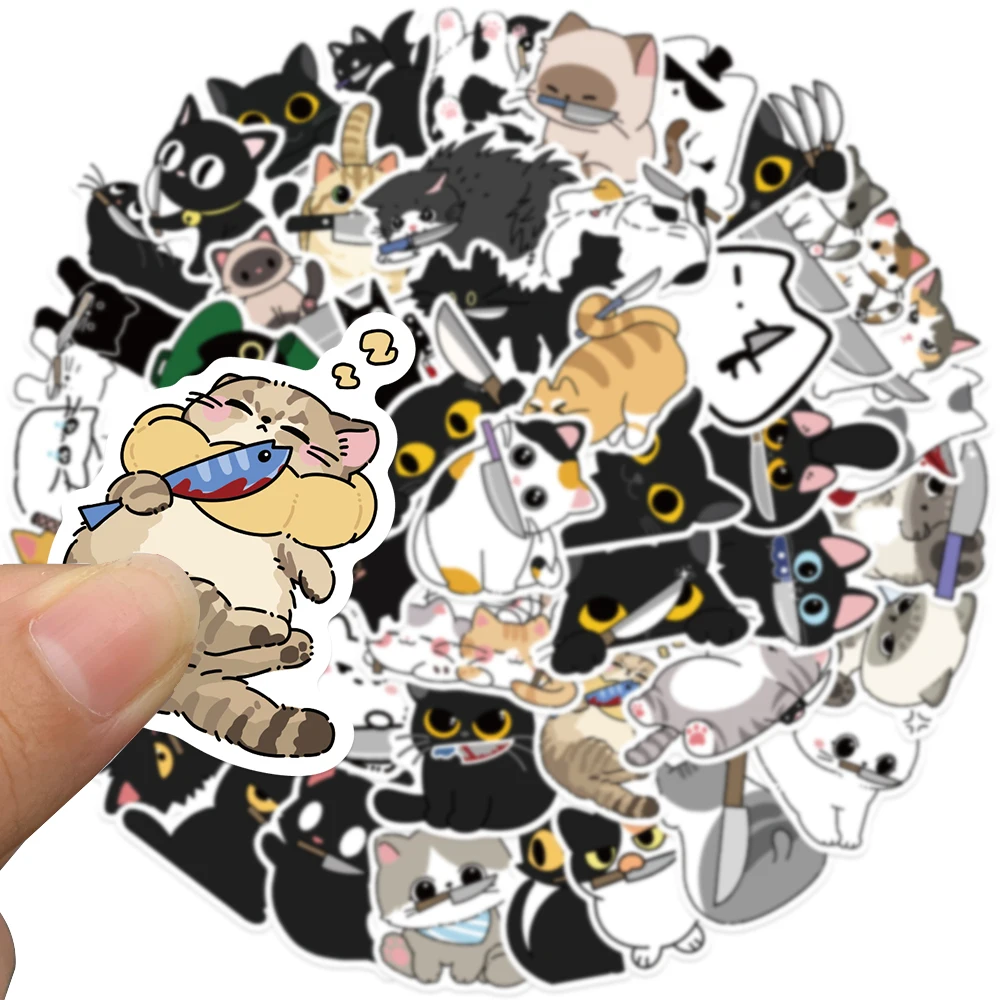 50 stks Cartoon Leuke Kat Met Mes Stickers Decals Voor Telefoon Plakboek Koffer Skateboard Gitaar DIY Graffiti Esthetische Stickers