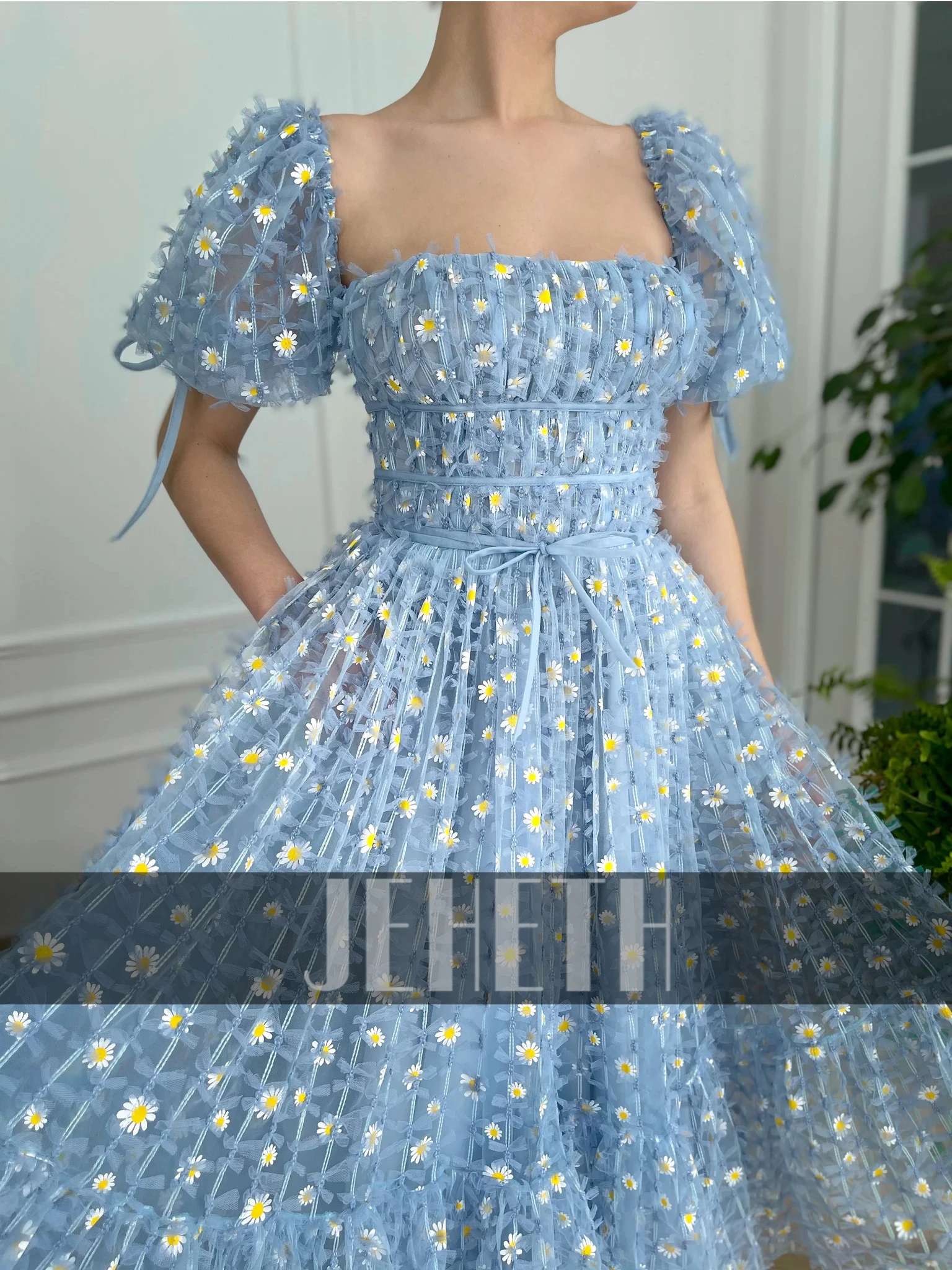 JEHETH Blue Square Neck Prom Dresses Midi Daisies Short Puff Sleeves Evening Gowns Tulle Pockets Ankle Length Vestidos De Fiesta