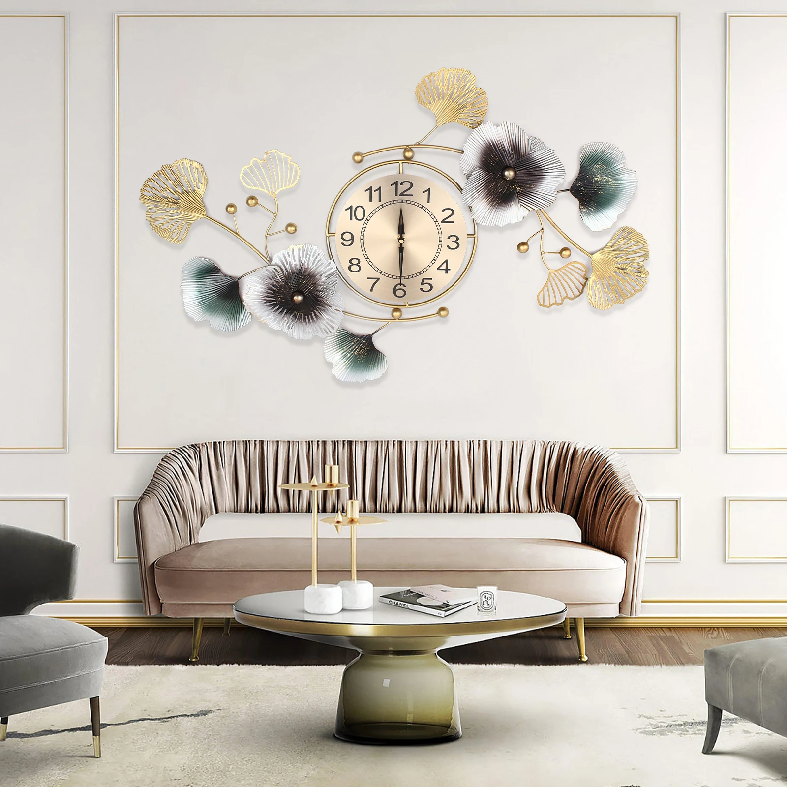 

90*45cm Modern Large Wall Clock Ginkgo Leaf Shape Metal Wall Watch Living Room Home Study Low Noise Non Ticking Clock Decoraiton