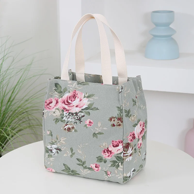 New Canvas Flower Printed Fabric Handbag, Work Portable Multi-Pocket Zipper Semi-Closed Daily Clutter Storage Bag, Bento Bag